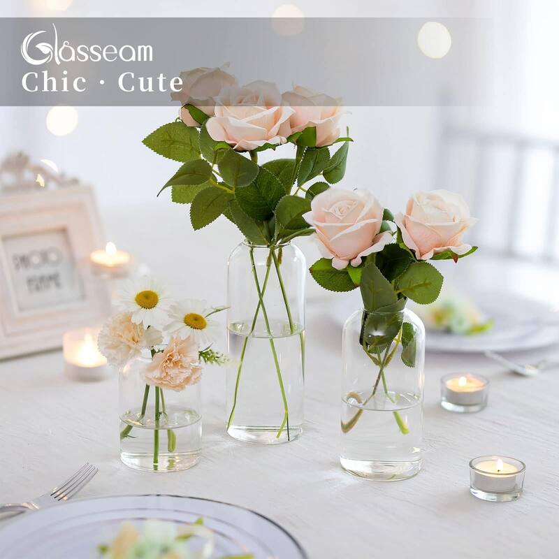 Glass Bud Vases for Centerpieces - Clear Small Flower Vase Decor Bulk Set of 12 Handmade Modern Decorative Vases
