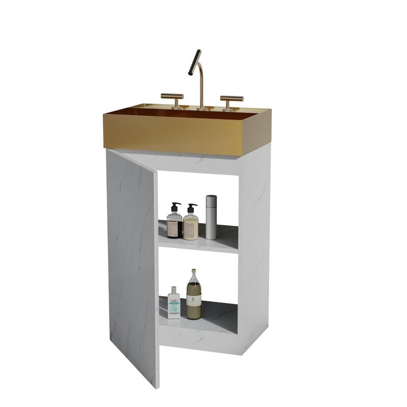 Modern Marble Bathroom Vanity, Roca 20" Freestanding Cabinet with Brushed Gold Stainless Steel Integrated Sink