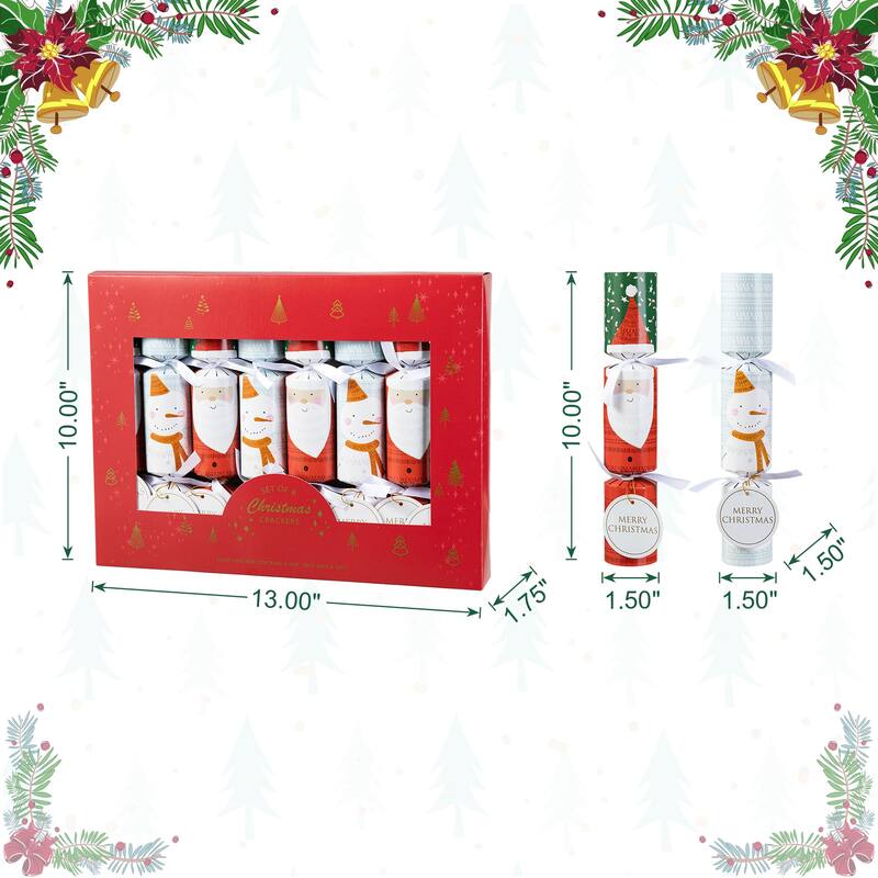 Glitzhome 8 Pack Christmas Santa & Snowman Party Crackers Favor Supplies with Gift Contents for Kids