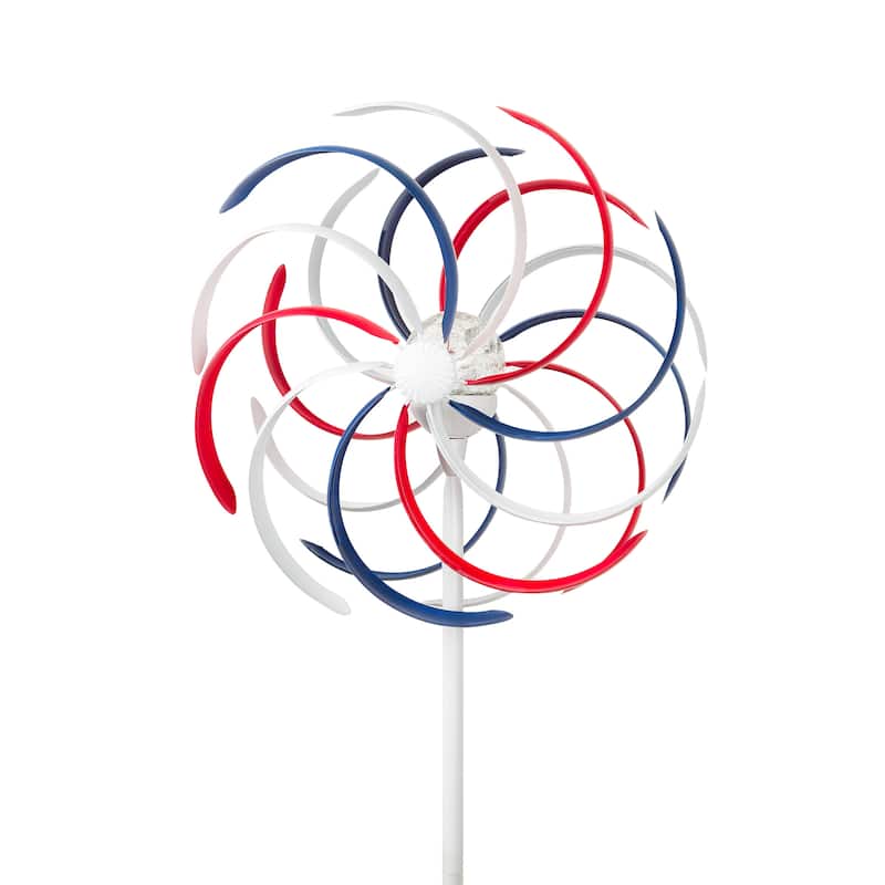 Alpine Corporation 68" Tall Outdoor Solar Powered Patriotic Dual Windmill Spinner Stake Yard Decoration, Red, White, and Blue