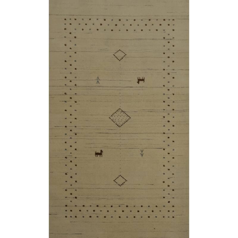 Hand Knotted Oriental 100% Wool Carpet Tribal Animal Pictorial Beige & Ivories Gabbeh Area Rug - 5' 2'' X 3' 3''