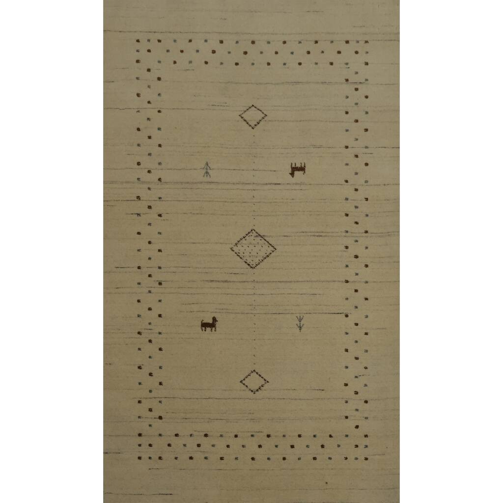 Hand Knotted Oriental 100% Wool Carpet Tribal Animal Pictorial Beige & Ivories Gabbeh Area Rug - 5' 2'' X 3' 3''