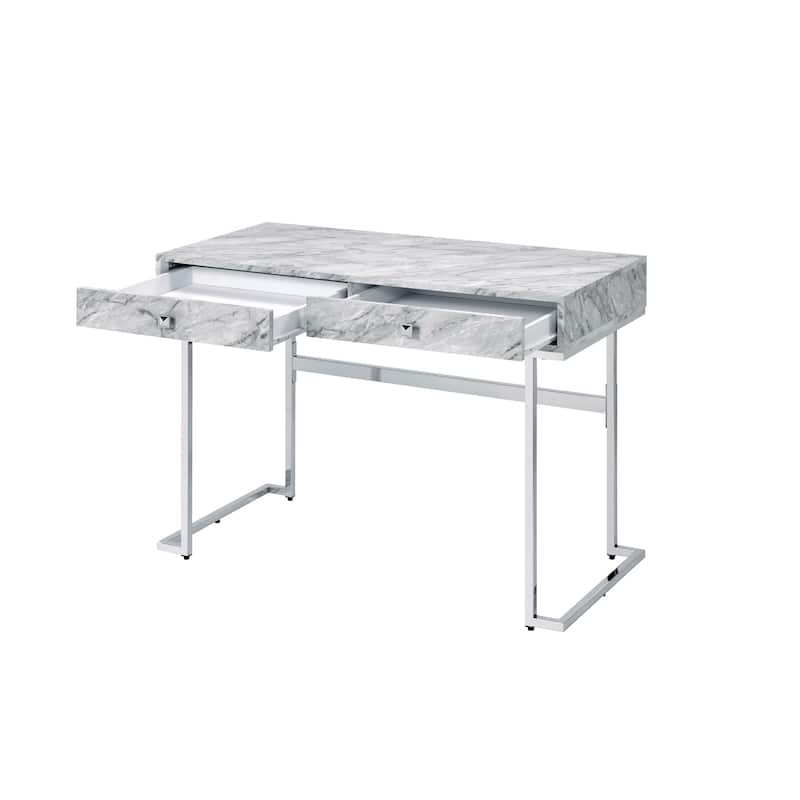Sleek White Faux Marble Writing Desk with Chrome Finish and Storage Drawers for Office or Study Space