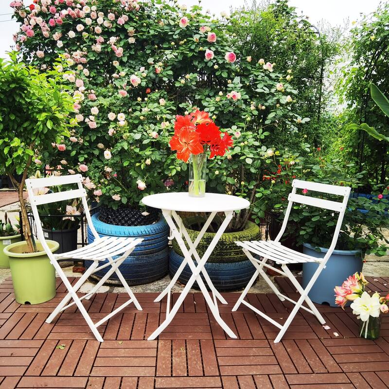 Patio Foldable Table Chairs Set with 2 Chairs & Round Table, Set of 3