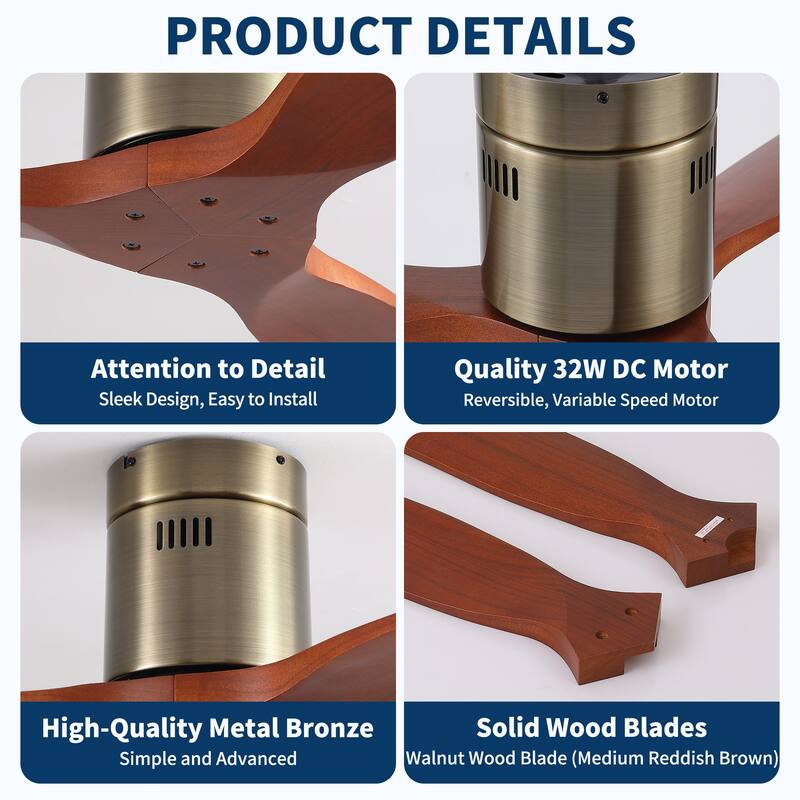 52"Mordern Rustic Elegance Solid Wood Blades Low Profile Flush Mount Ceiling Fan without Light