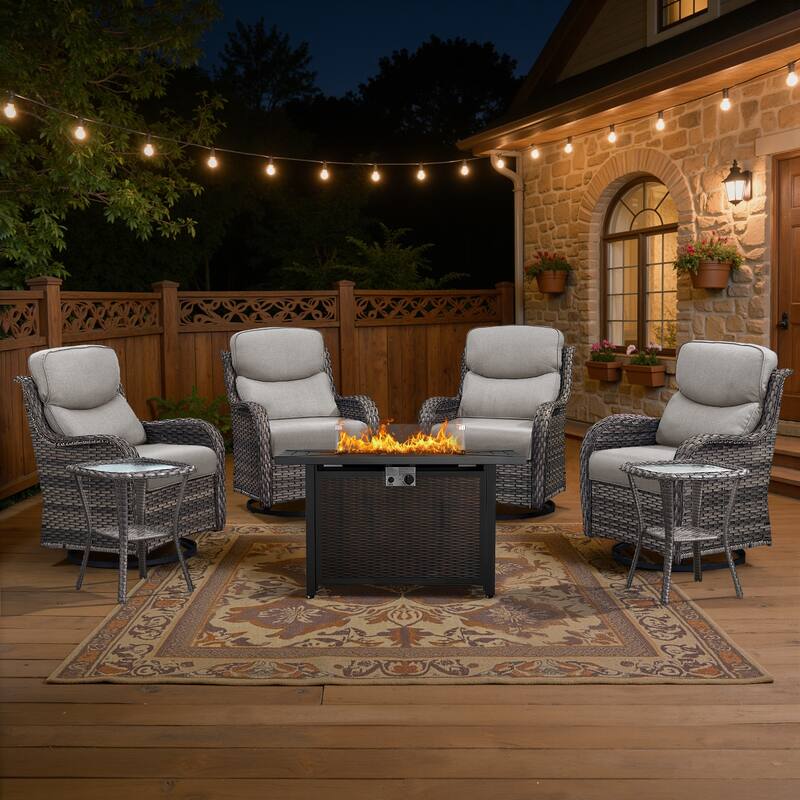 Meyreso 7-Piece Outdoor Patio Wicker Fire Pit 4 person Conversation Set with 5-Inch Thick Cushions - Beige Cushions - Gray Wicker