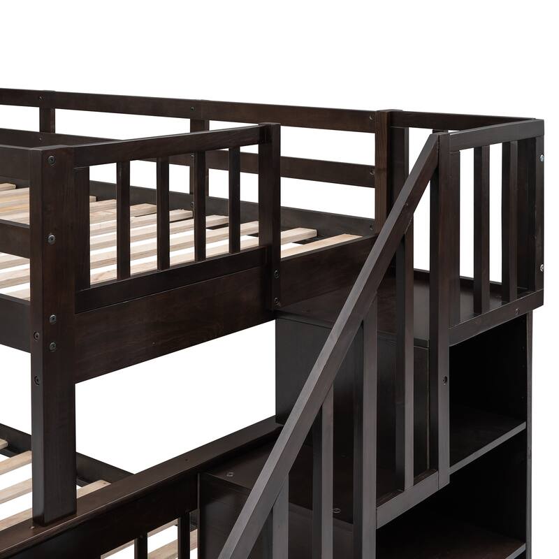 Stairway Bunk Bed with Drawers and Storage Steps, Twin Over Full Storage Platform Bed with Slide, Ladder, Guardrails and Armrest