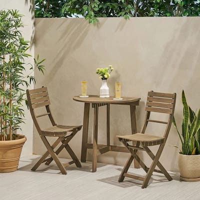 Outdoor 3pc Half-Round Folding Acacia Wood Bistro Set: Weather-Resistant, Space-Saving,Grey