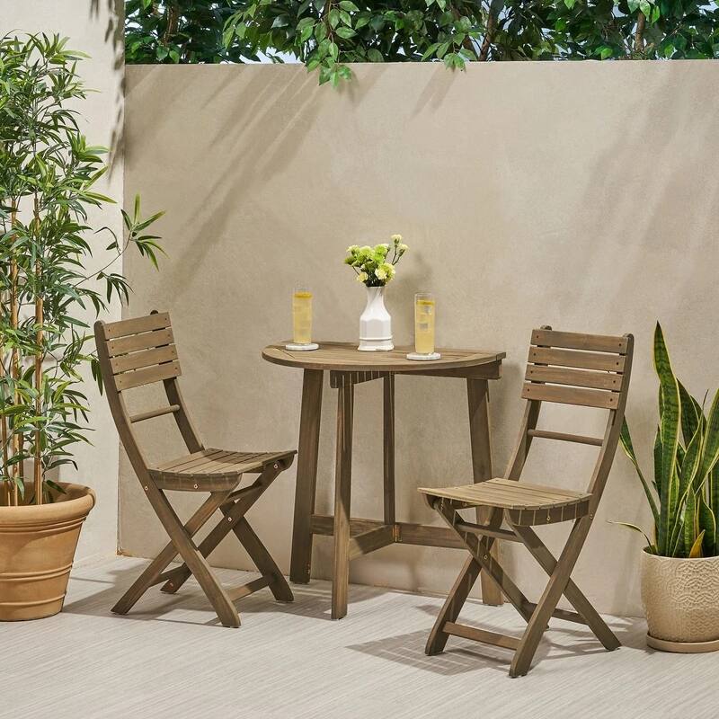 Roomfitters 3-Piece Half-Round Folding Bistro Set, Outdoor Acacia Wood Patio Table and Chairs for Balcony or Garden - Grey