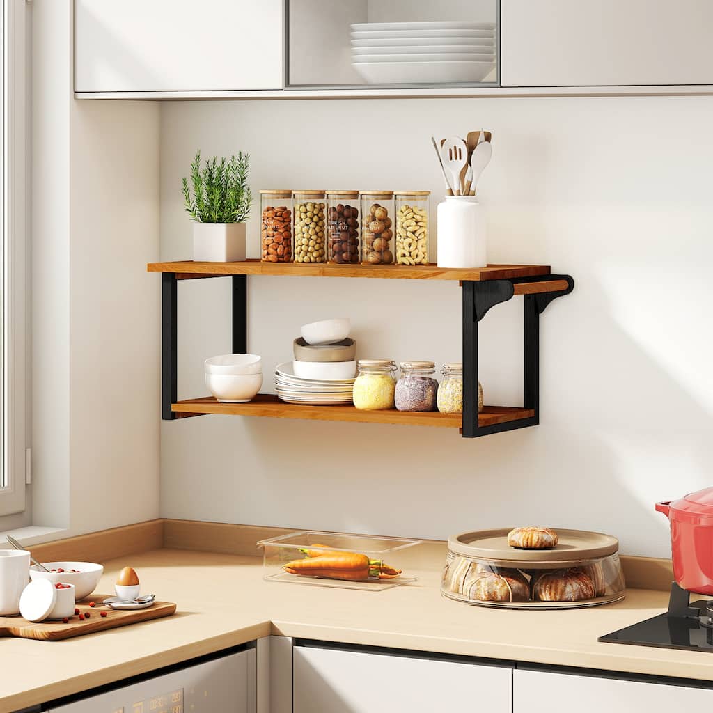 Teak Wood Wall-Mounted Shelf with Towel Bar 2-Tier Floating Rack for Bathroom or Kitchen - 40.5" x 15.5" x 16"