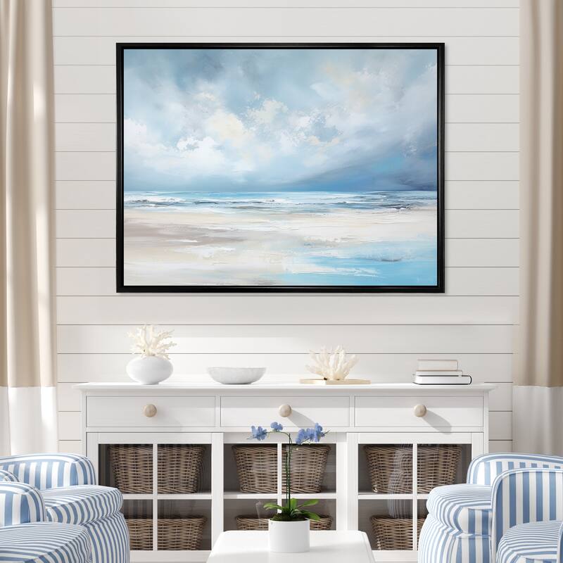 Designart "Coastal Beach Minimal Scenery " Coastal Ocean Framed Wall Art Living Room - 44 in. wide x 34 in. high - Black
