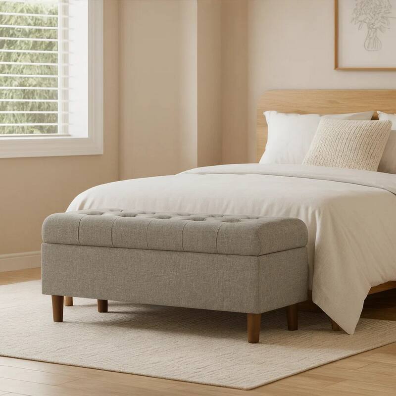 Sol Storage Bench Ottoman, Gray Woven Fabric, Brown Wood, 40 Inch