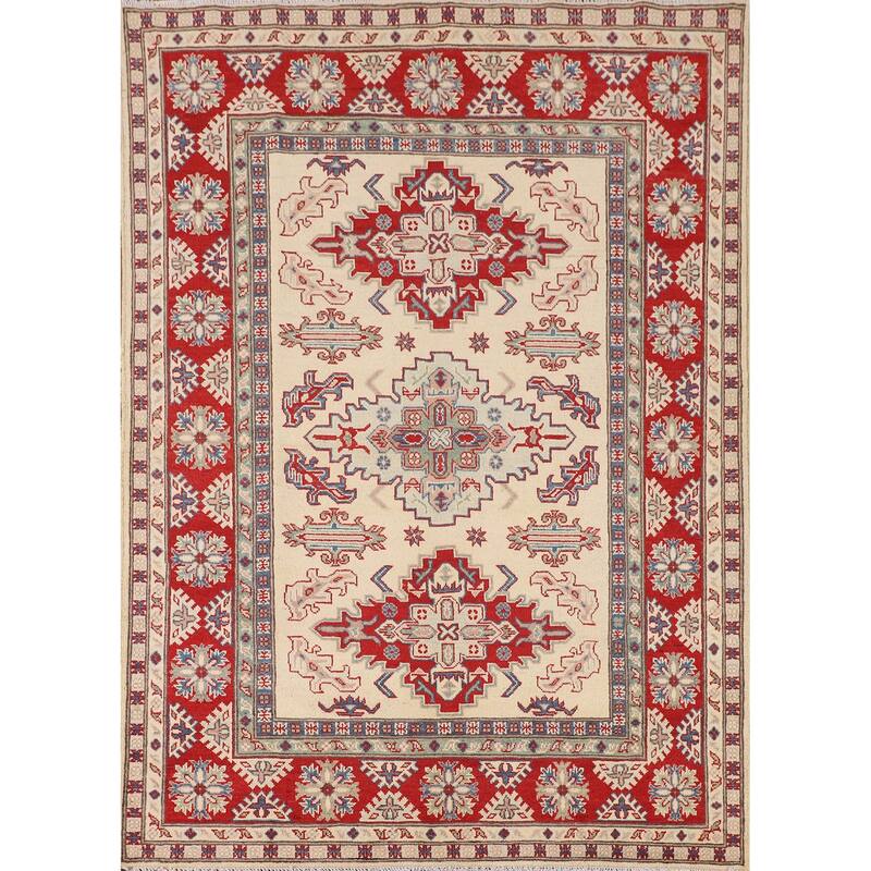 Beige / Ivory Kazak Area Rug Hand-Knotted Wool Carpet - 5'1" x 6'11"