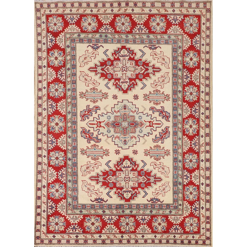 Beige / Ivory Kazak Area Rug Hand-Knotted Wool Carpet - 5'1" x 6'11"