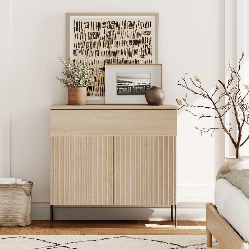 Modern Minimalist Nightstand,31.5" Wood End Table,Reeded Design Bedside Table