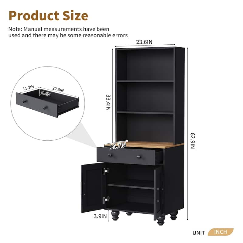 Roomfitters Farmhouse Storage Cabinet with Solid Wood Legs, Kitchen Pantry Cabinet with Adjustable Shelves and 5-Tier Bookshelf