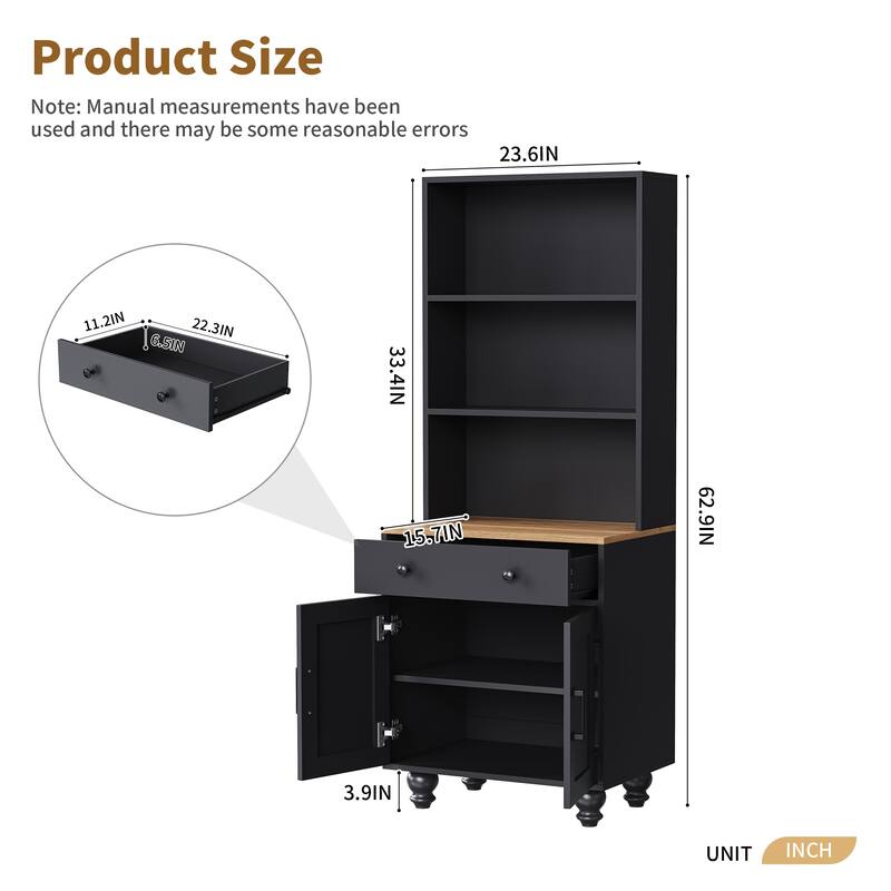 Storage Cabinet with 4 Gourd-Shaped Legs,Kitchen Pantry Cabinet with Adjustable Shelves,5 Tier Bookshelf with Drawer