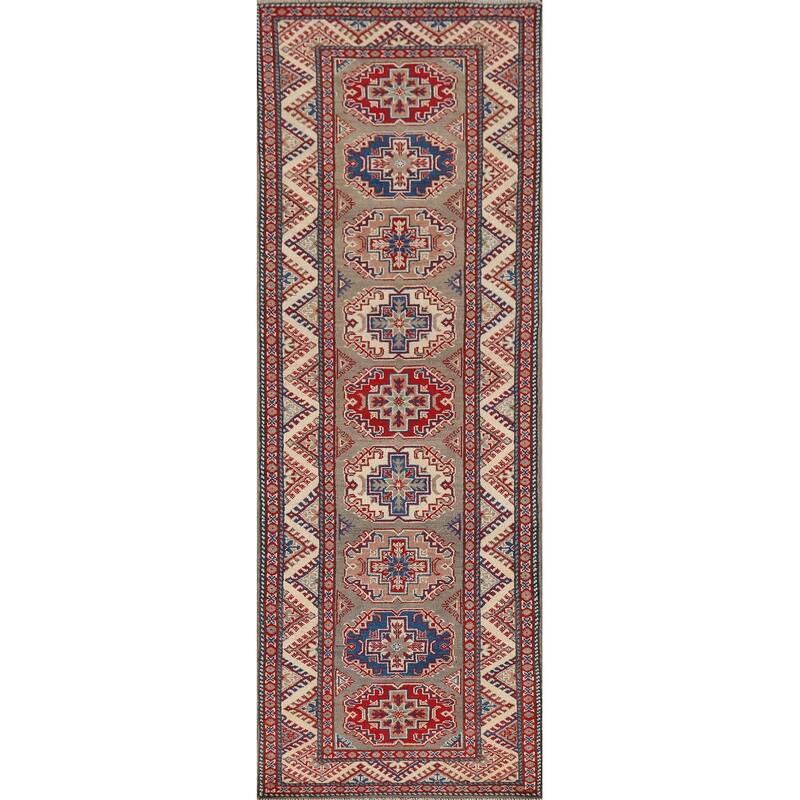 Geometric Brown Kazak Oriental Runner Rug Handmade Wool Carpet - 2'8" x 9'11"