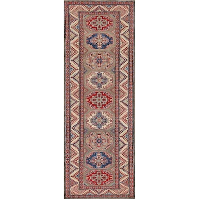 Geometric Brown Kazak Oriental Runner Rug Handmade Wool Carpet - 2'8" x 9'11"