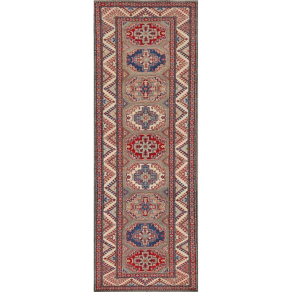 Geometric Brown Kazak Oriental Runner Rug Handmade Wool Carpet - 2'8" x 9'11"
