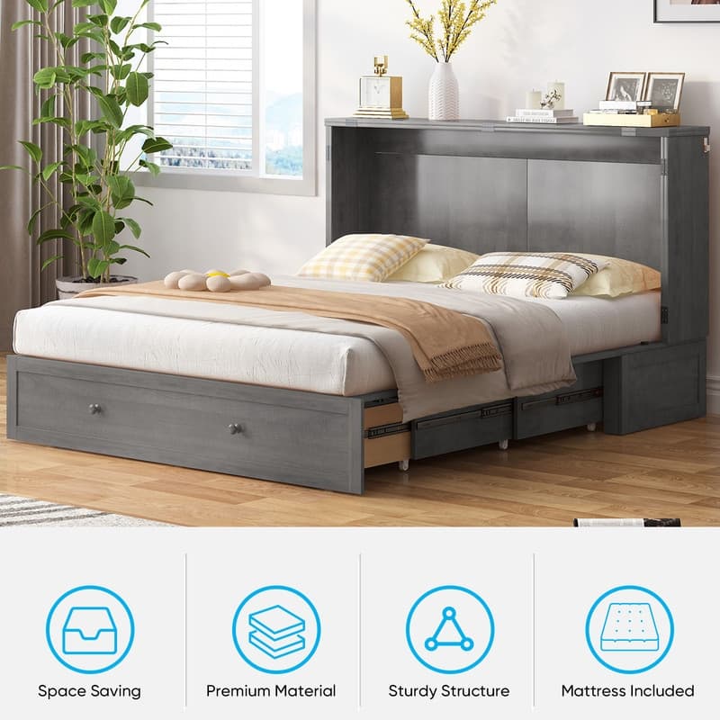 Mixoy Queen Horizontal Murphy Chest Bed with Mattress,Charging Station