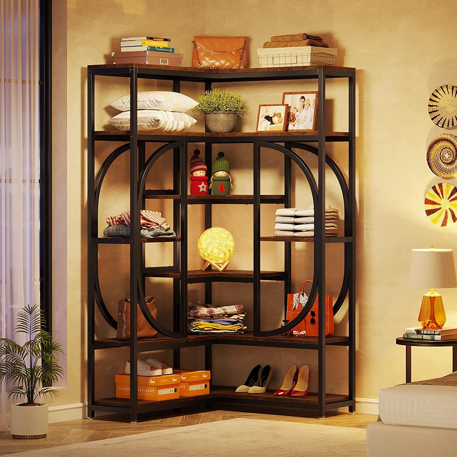 L Shaped Corner Bookshelf 7 Shelf Bookcase with Storage for