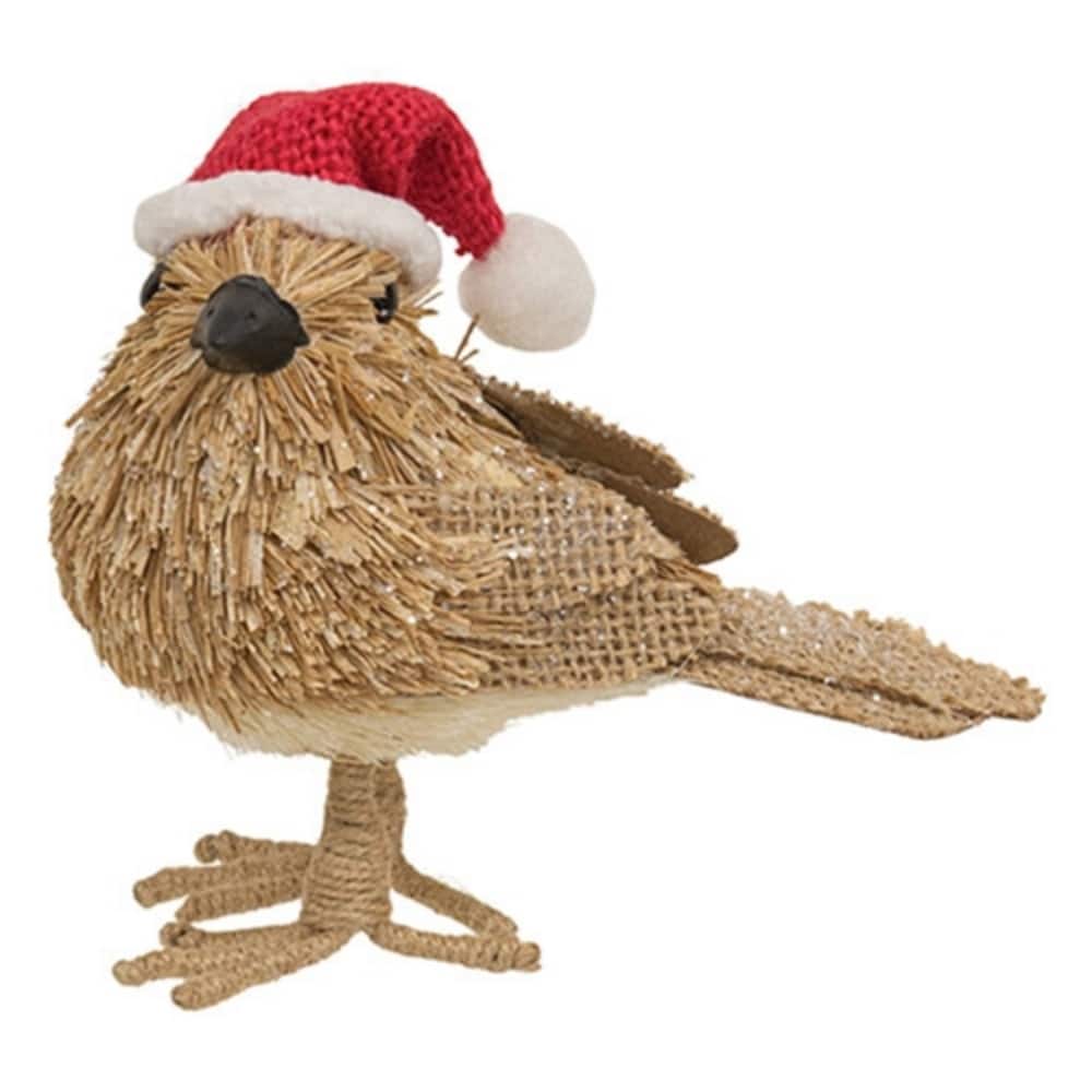 Sisal Bird with Santa Hat Christmas Decor Rustic Holiday Tabletop Figurine - 4.5” high by 5” wide by 2.75” deep