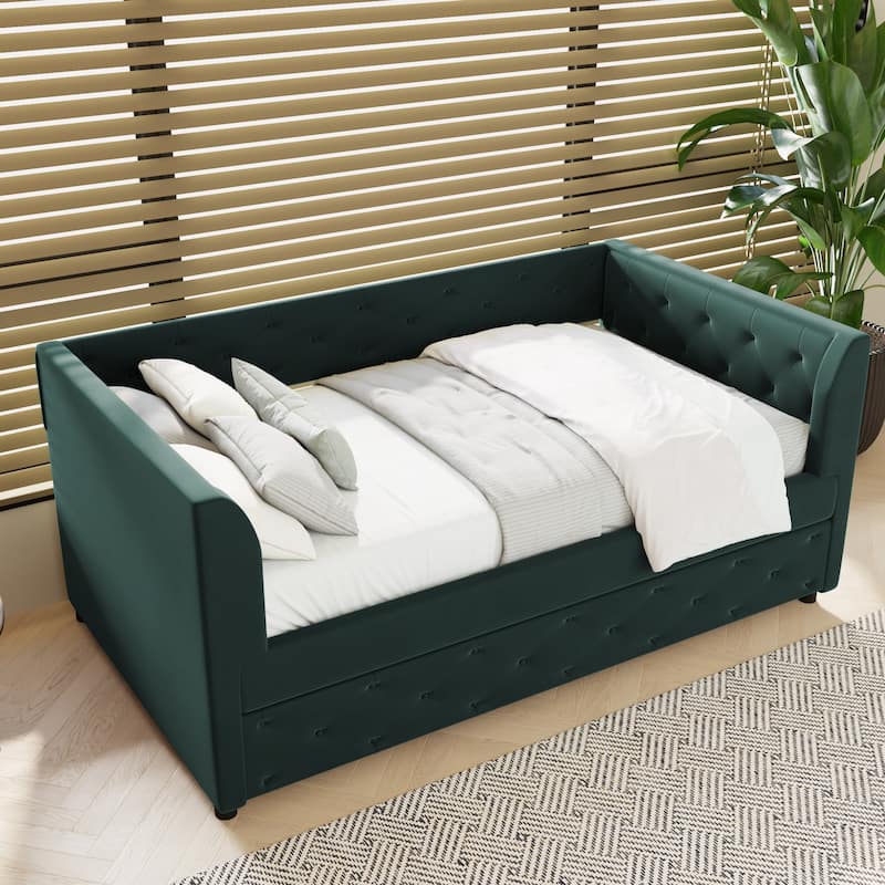 Twin Velvet Tufted Daybed with Trundle & Storage - 400LB Capacity
