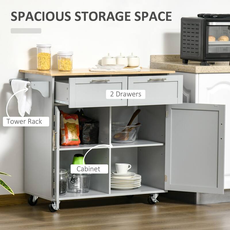 HOMCOM 41" Modern Rolling Kitchen Island, Kitchen Storage Utility Cart Trolley with Rubberwood Top, 2 Drawers, and Towel Rack