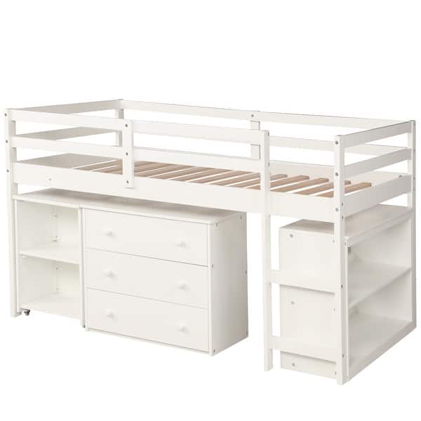 Low Study Twin Loft Bed with Cabinet and Rolling Portable Desk - Bed ...