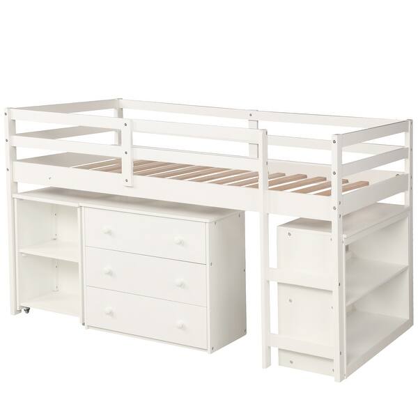 slide 2 of 50, Simple Style Twin Size Wood Loft Bed with Portable Desk,Cabinet and Shelves for Storage White
