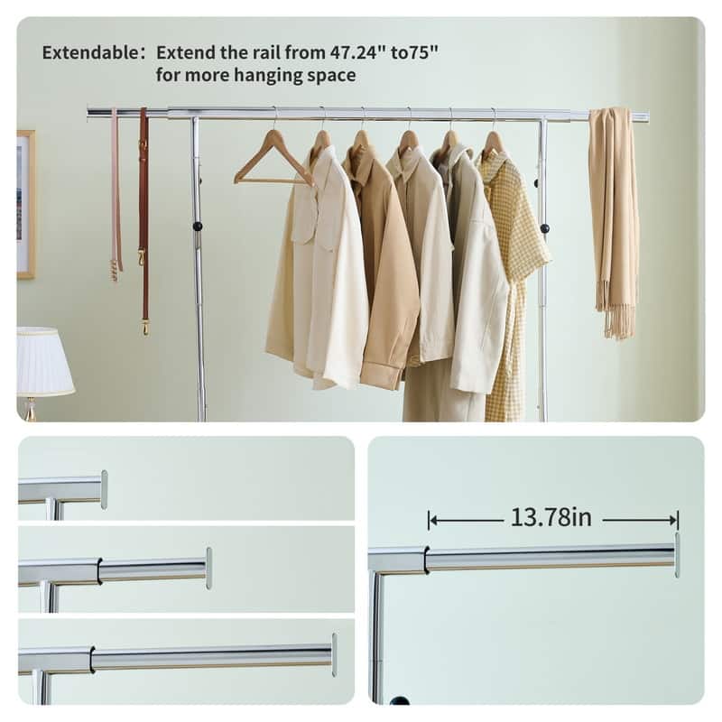 Mieres Clothing Rack, Collapsible Clothing Rack Max Capacity 600lbs, Industrial Rolling Rack with Bottom Shelf