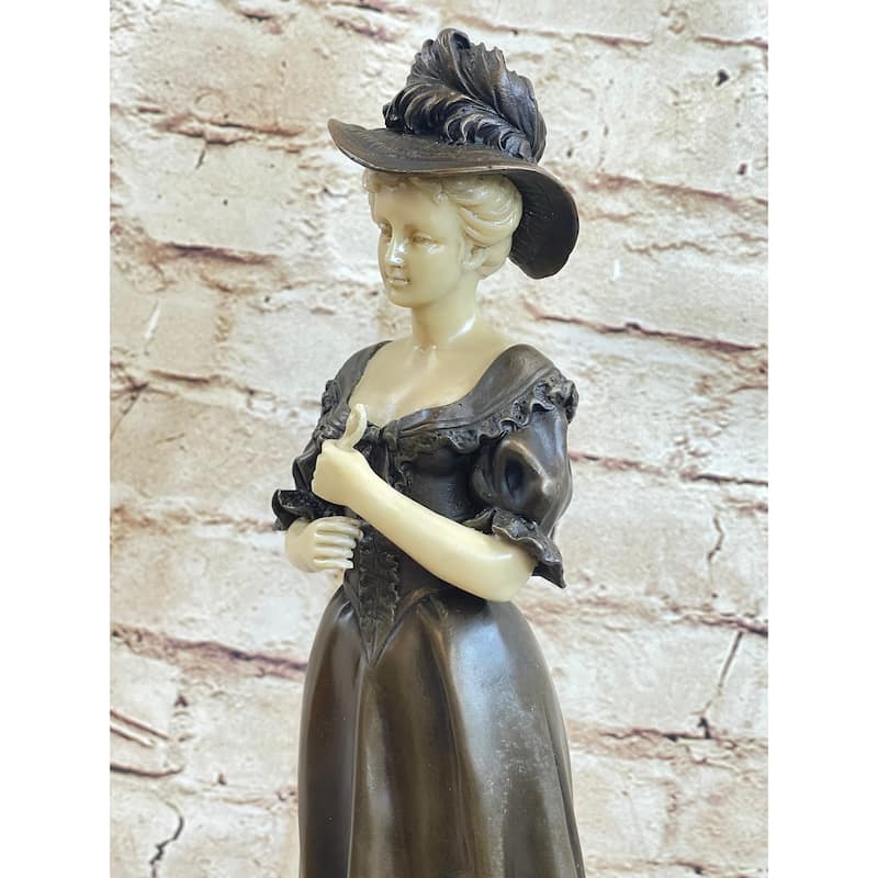 Victorian Era Woman In Hat Bronze Metal Statue Sculpture Art Deco Sculpture
