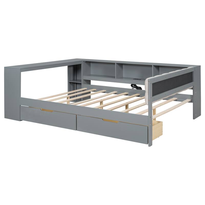 Wood Full Size Platform Bed with Upholstered Headboard, Storage Shelves & Charging Station for Small Space, Apartment