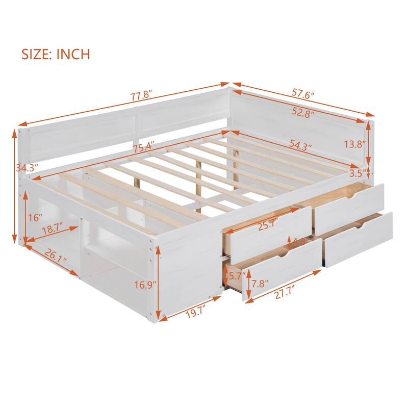 Nordic Creative Full Size Daybed with Drawers and Shelves Storage Bed Frame for Kids Teens Adults Space-Saving, Easy Assembly