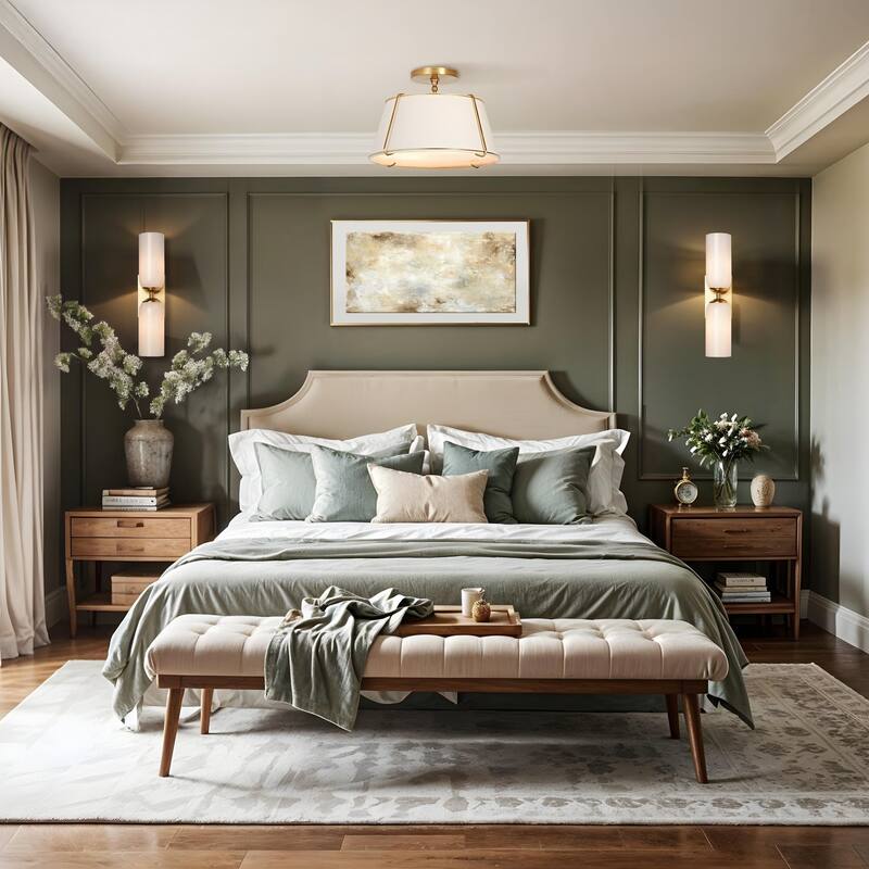 Crest Semi-Flush Mount - Metal, Fabric & Gold, Ivory White Ceiling Light for Bedroom or Hallway in Modern, Transitional Style