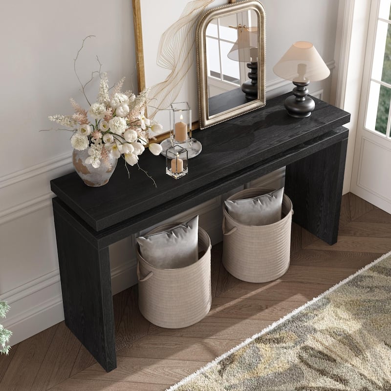 60'' Farmhouse Console Table - Retro Wooden Entryway Table with Double Board Suspension Design