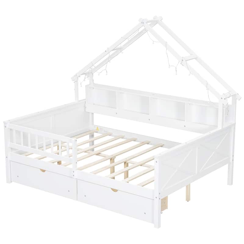 Full Size House Bed with Two Drawers, Kids Wood Bed Platform Beds with LED, Storage Shelves and Guardrail for Girls, Boys