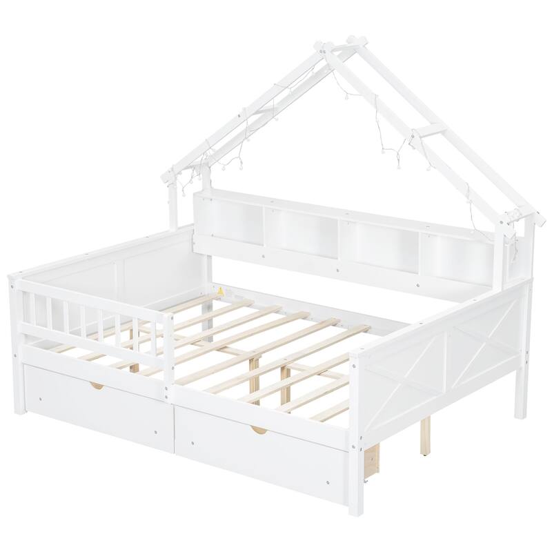 Wood House Platform Beds with Warm light LED, Wood Slat Platform Bed with Storage Shelves Guardrail and 2 Drawers for Kids