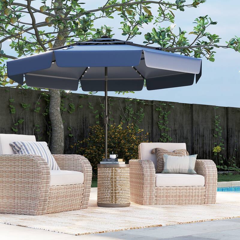 10FT Polyester Patio Umbrella with Solar Lights and Tilt Crank 3-Tier Vented Shade for Backyard - Navy