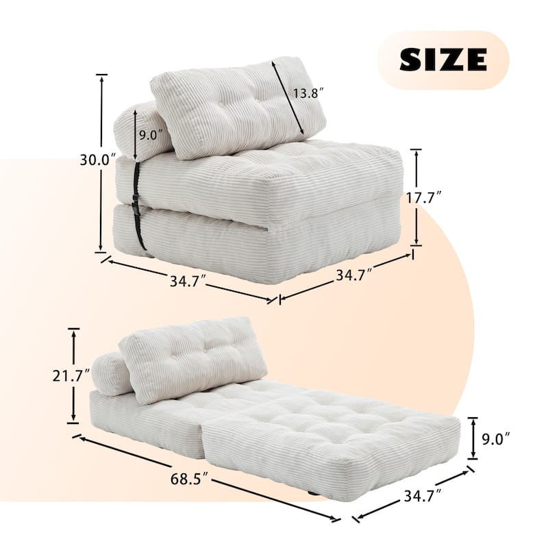Anmytek Beige Convertible Sleeper Chair Folding Sofa Bed with Pillow Back Support and Memory Foam Mattress