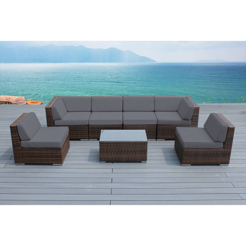 Ohana Outdoor Patio 7 Piece Mixed Brown Wicker Sectional with Cushions - No Assembly - Grey