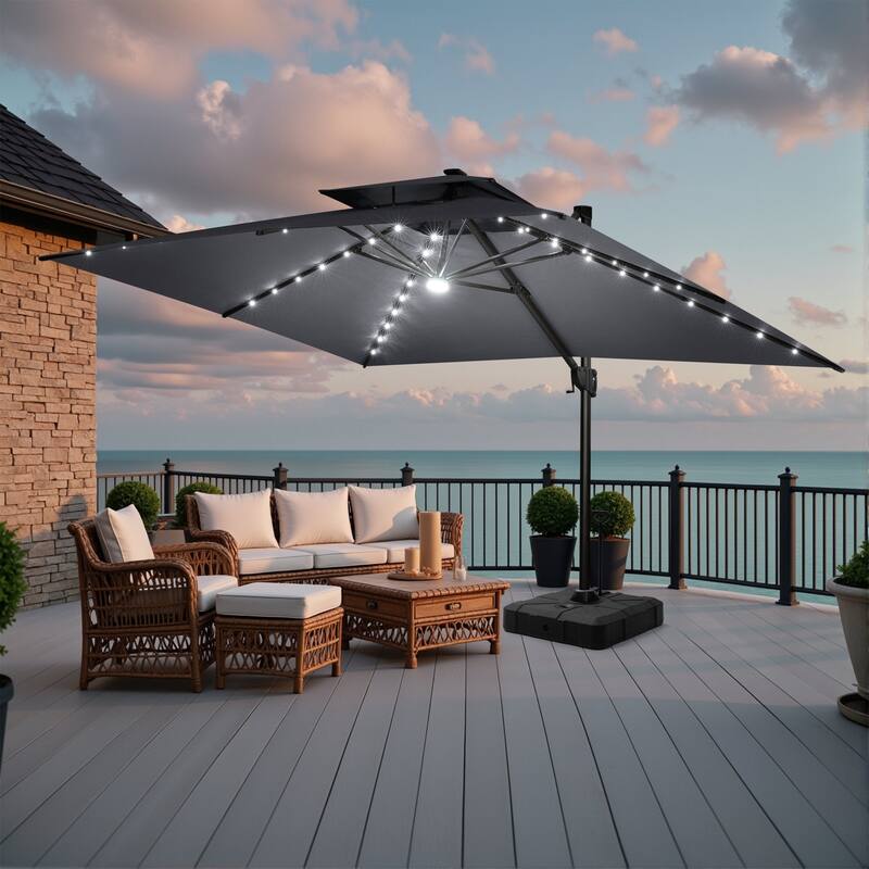 10 FT x 13 FT Outdoor LED Lighted Patio Cantilever Umbrella with Base Stand
