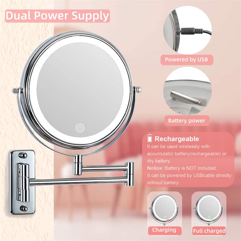 Wall Mounted Makeup Mirror Lighted 10X Magnifying 8" 3 Color Mode