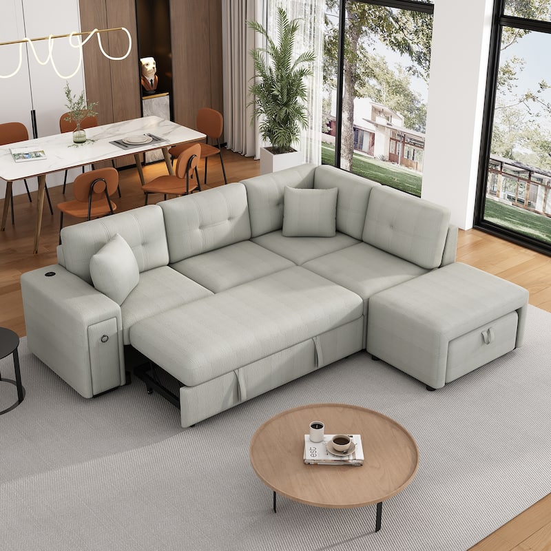 86.6" L-shaped Sleeper Sofa Bed Set with Ottoman and Cup Holders - Gray