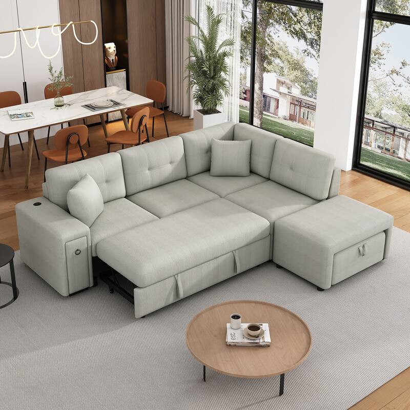 Convertible Sectional Sofa Bed with Ottoman, Chenille L-Shaped Pull Out Couch with Drawer 2 USB Ports & 2 Cup Holders