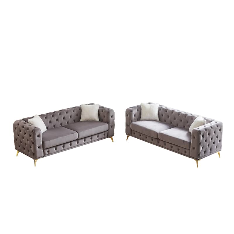 Velvet Chesterfield Sofa Set w/ Deep Seat & Tufted Design, 3+3 Seater