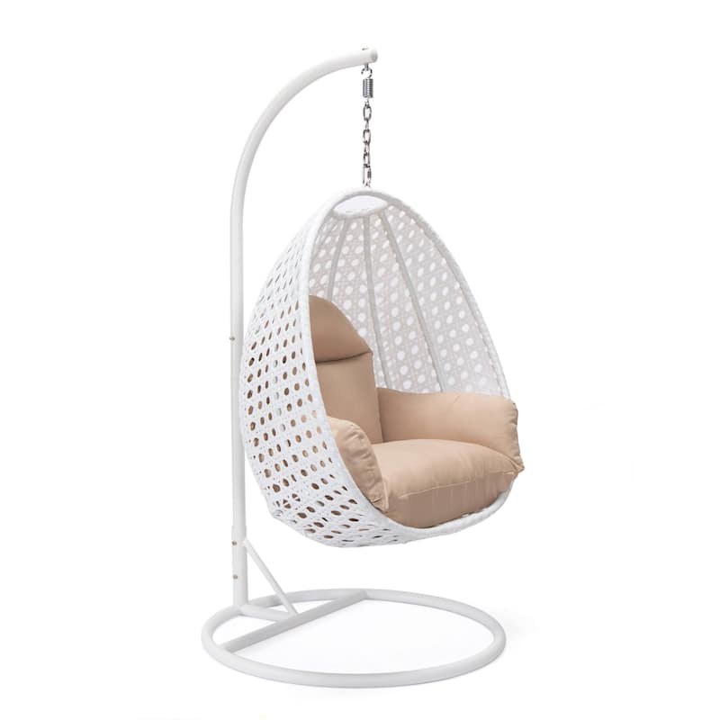 Patio Hanging Egg Swing Chair with White Wicker Shell and Iron Frame for Indoor Outdoor Patio Porch Garden Backyard - Beige