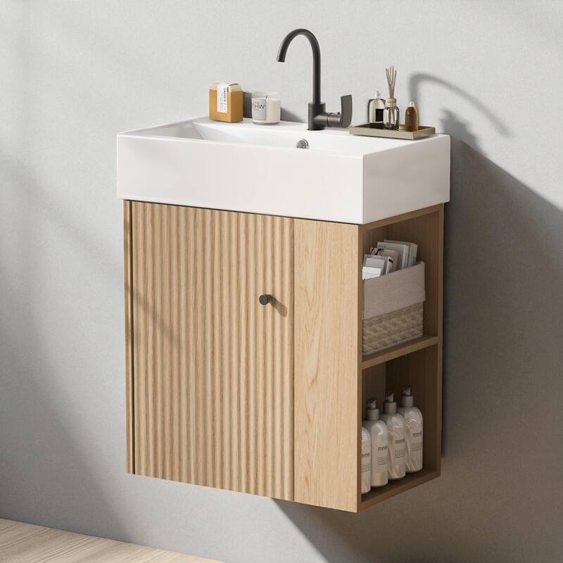 21.6" Wall-Mounted Bathroom Vanity with Ceramic Sink, Right Side Storage, Wave Door, Rose Gold Handle, Small Space Design - Wood
