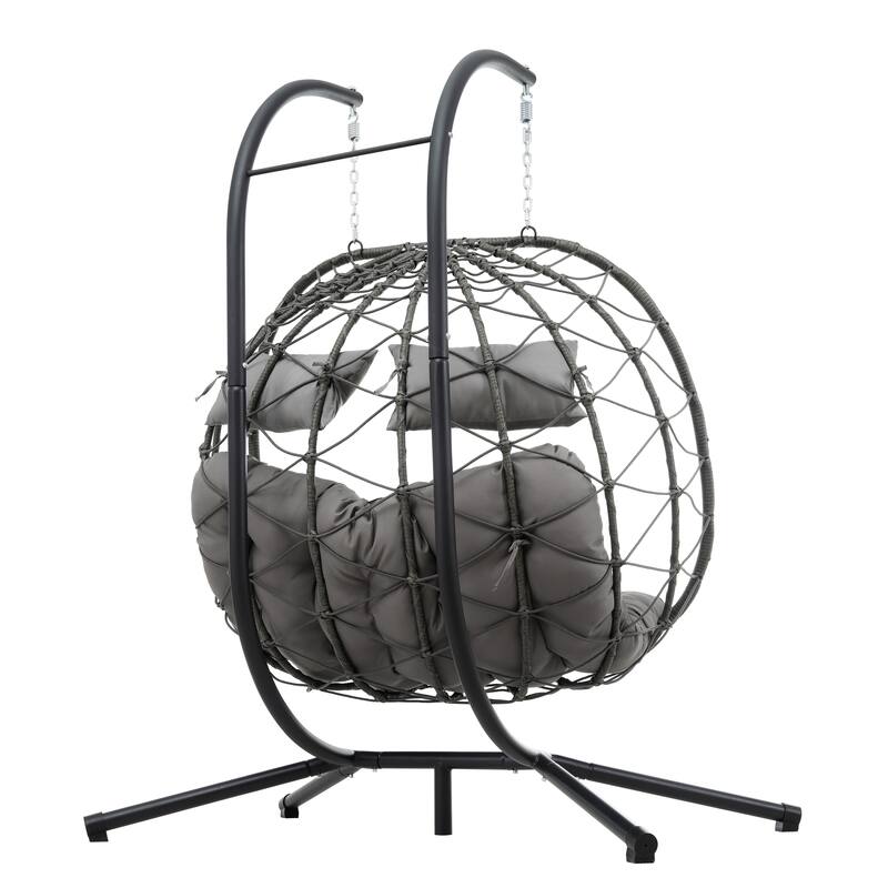 Steel Frame 2-Person Egg Chair with Stand and Outdoor Wicker Hanging Swing for Patio/Balcony